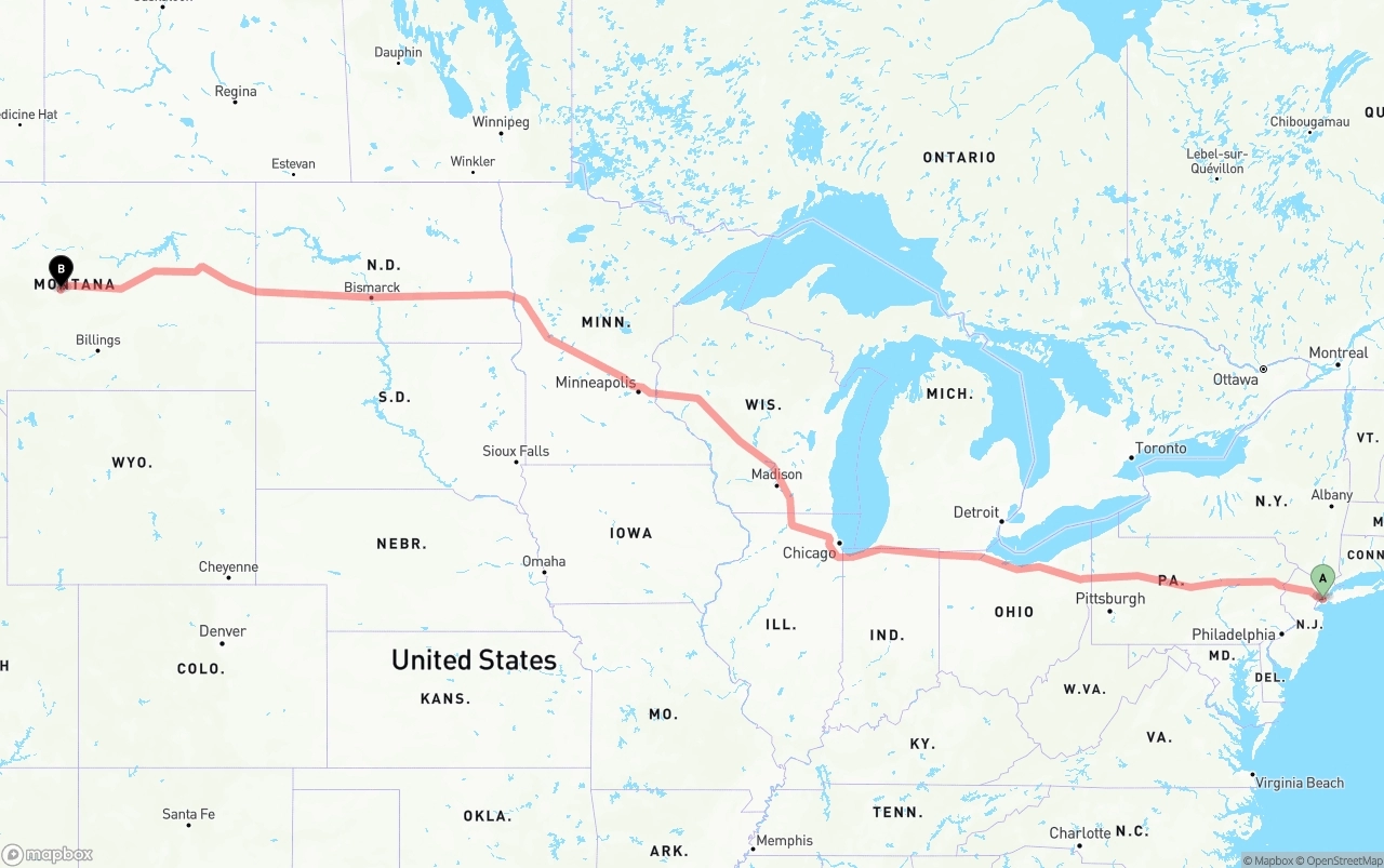 Shipping route from Port of New York to Montana