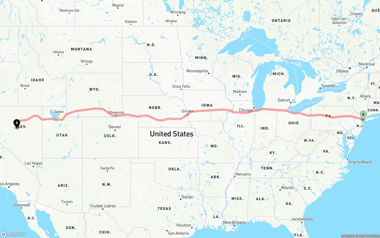 Shipping route from Port of New York to Nevada