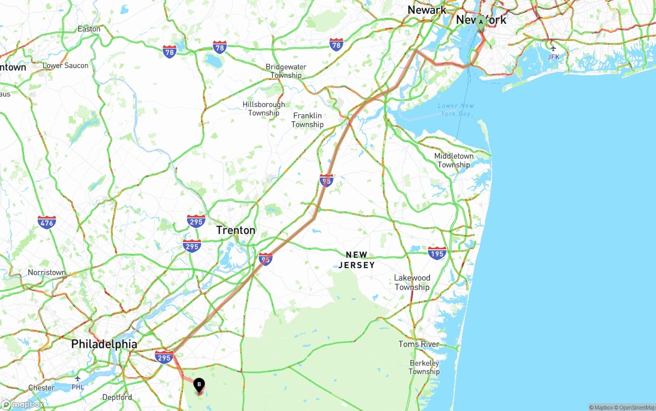Shipping route from Port of New York to New Jersey