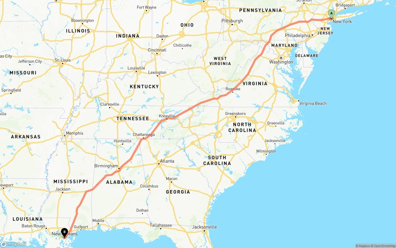 Shipping route from Port of New York to New Orleans