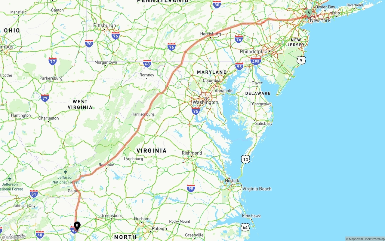 Shipping route from Port of New York to North Carolina