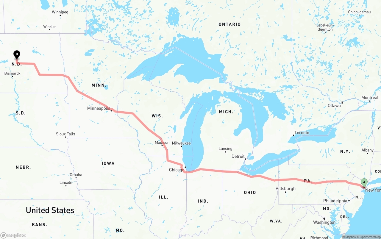 Shipping route from Port of New York to North Dakota