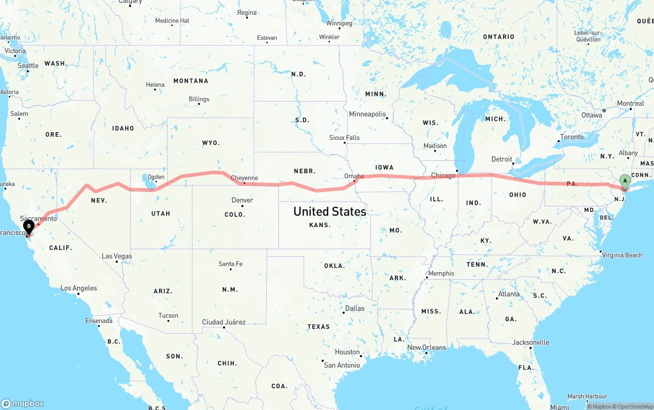 Shipping route from Port of New York to Oakland
