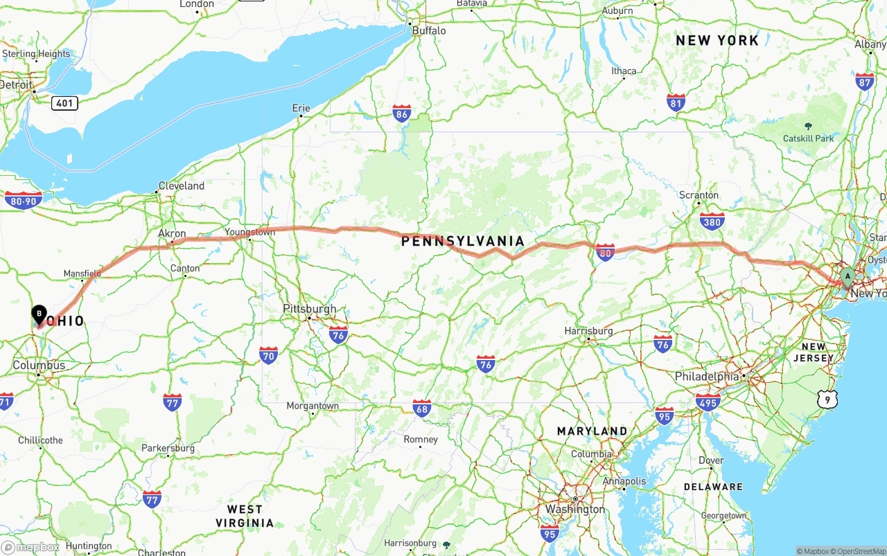 Shipping route from Port of New York to Ohio