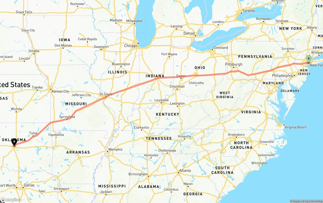 Shipping route from Port of New York to Oklahoma City