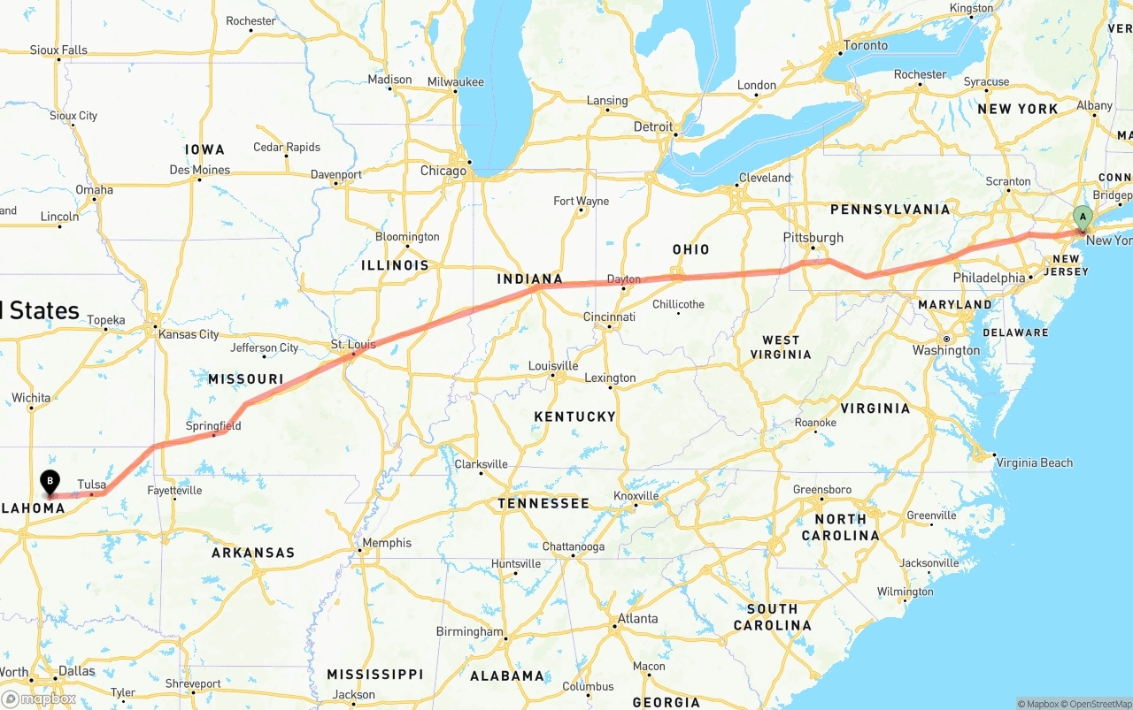 Shipping route from Port of New York to Oklahoma