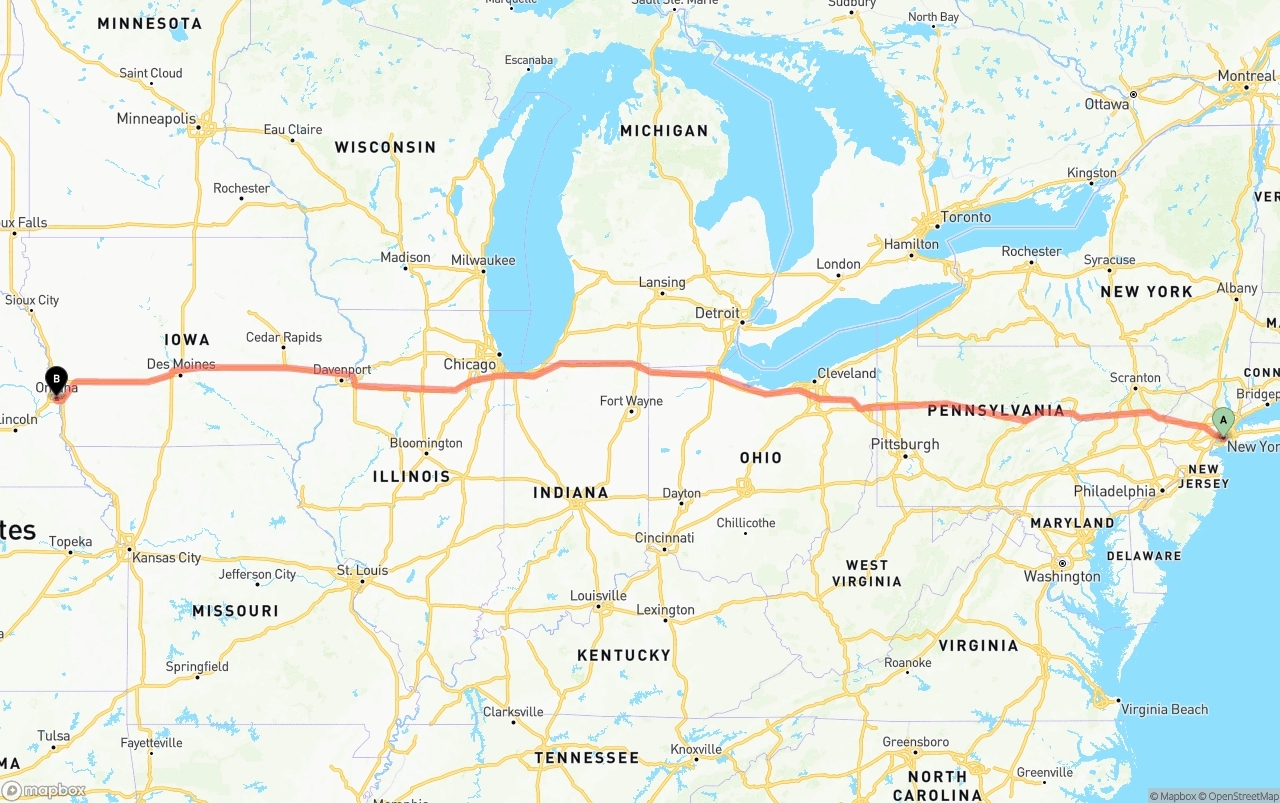 Shipping route from Port of New York to Omaha