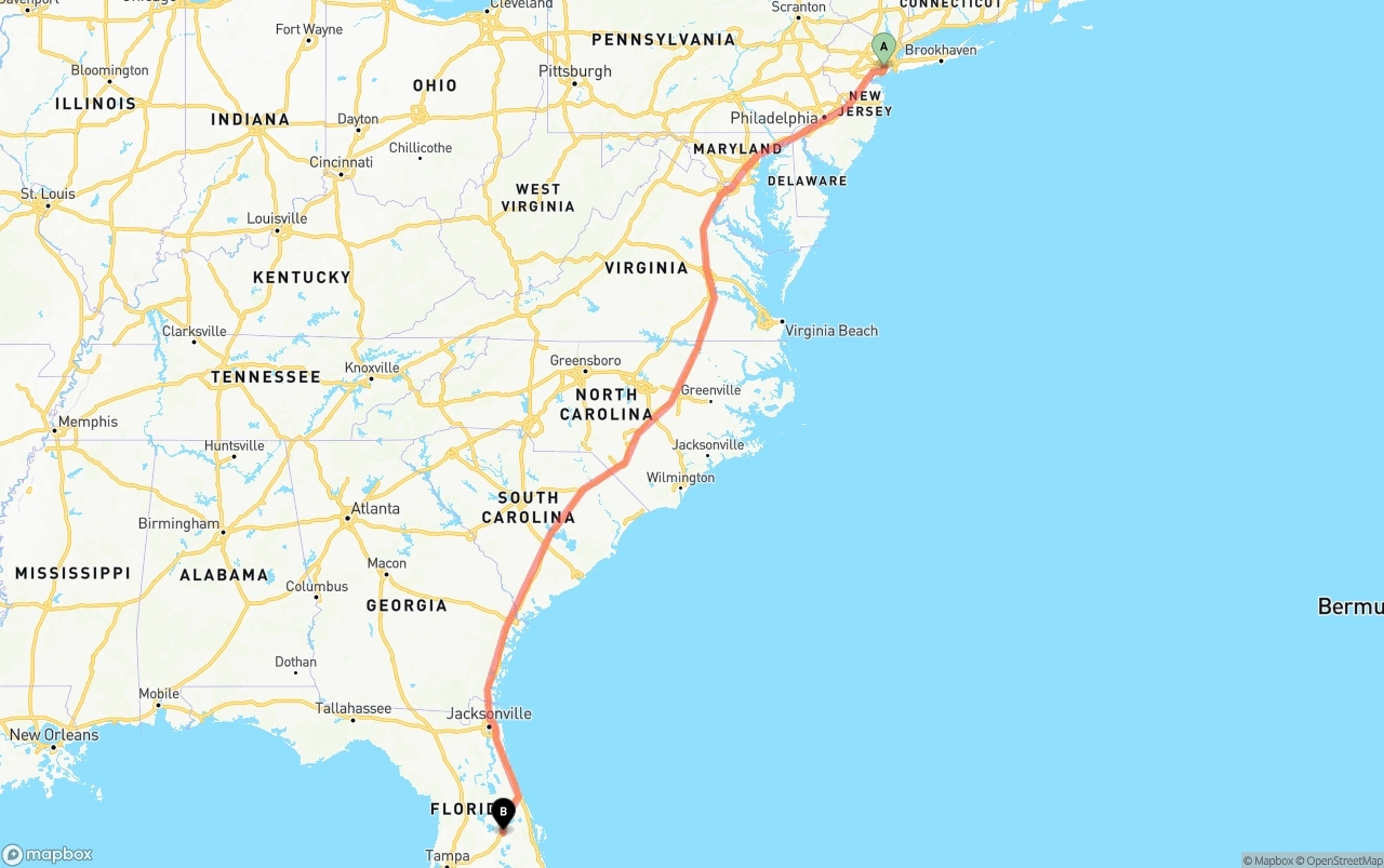 Shipping route from Port of New York to Orlando