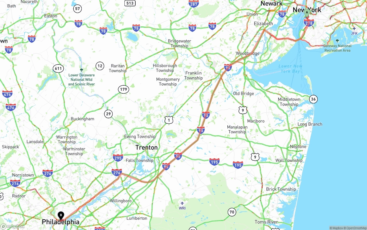 Shipping route from Port of New York to Philadelphia