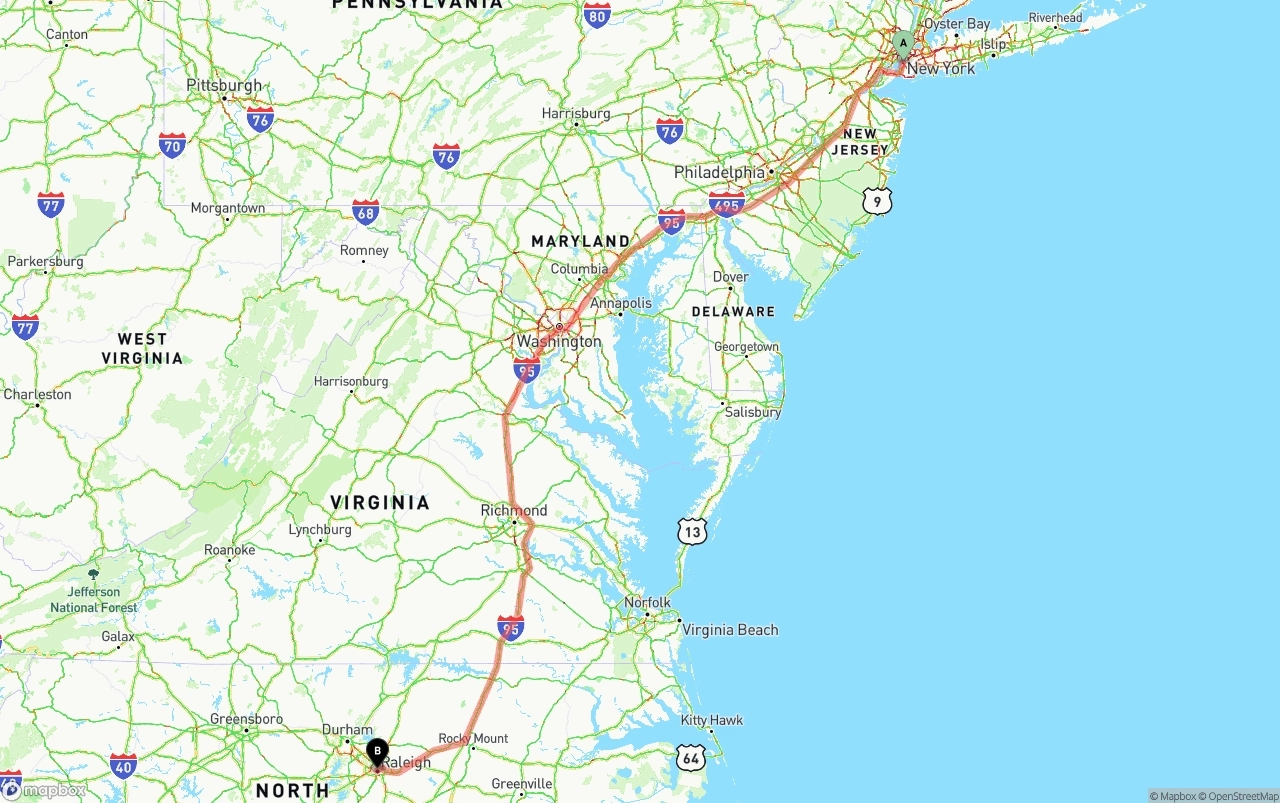 Shipping route from Port of New York to Raleigh