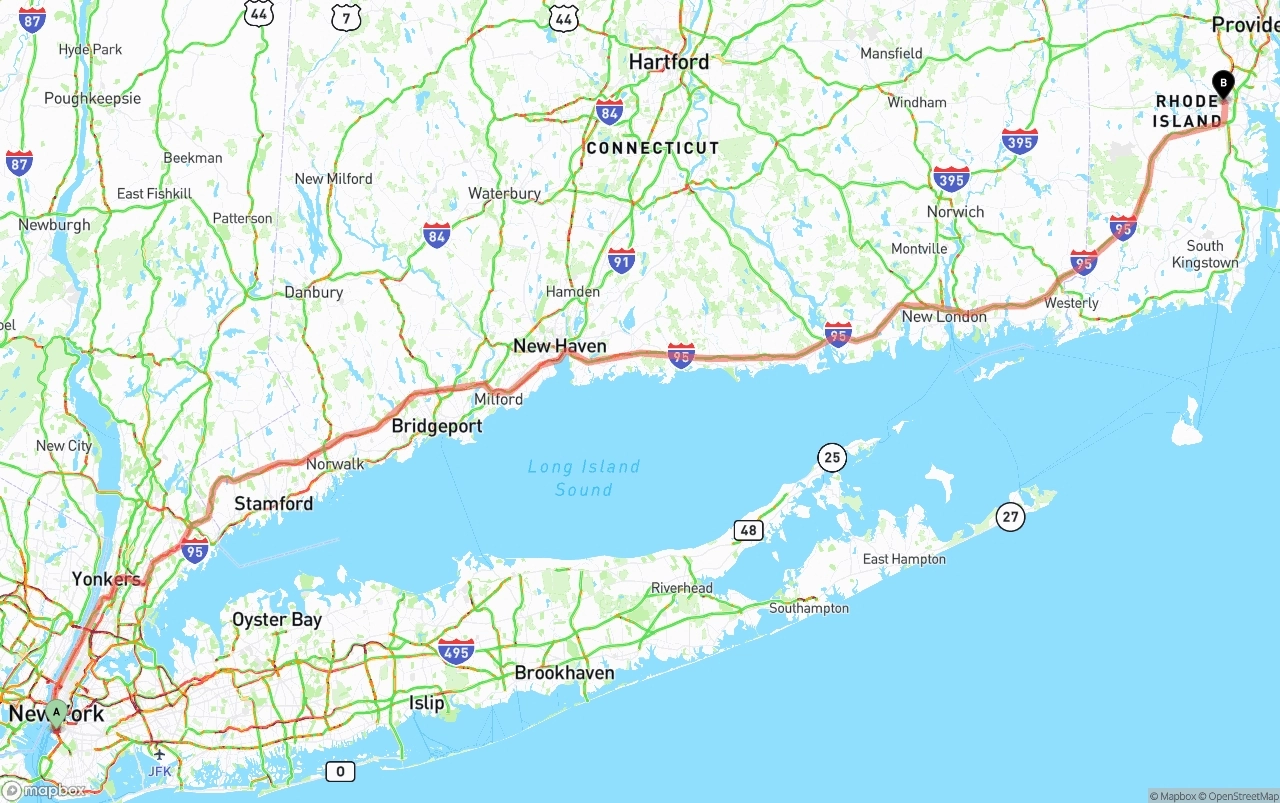 Shipping route from Port of New York to Rhode Island