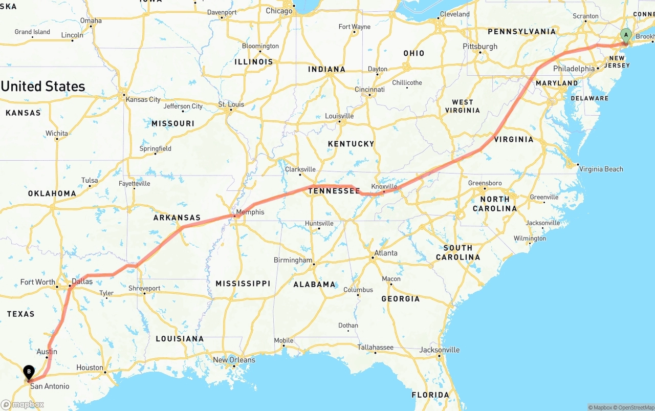 Shipping route from Port of New York to San Antonio