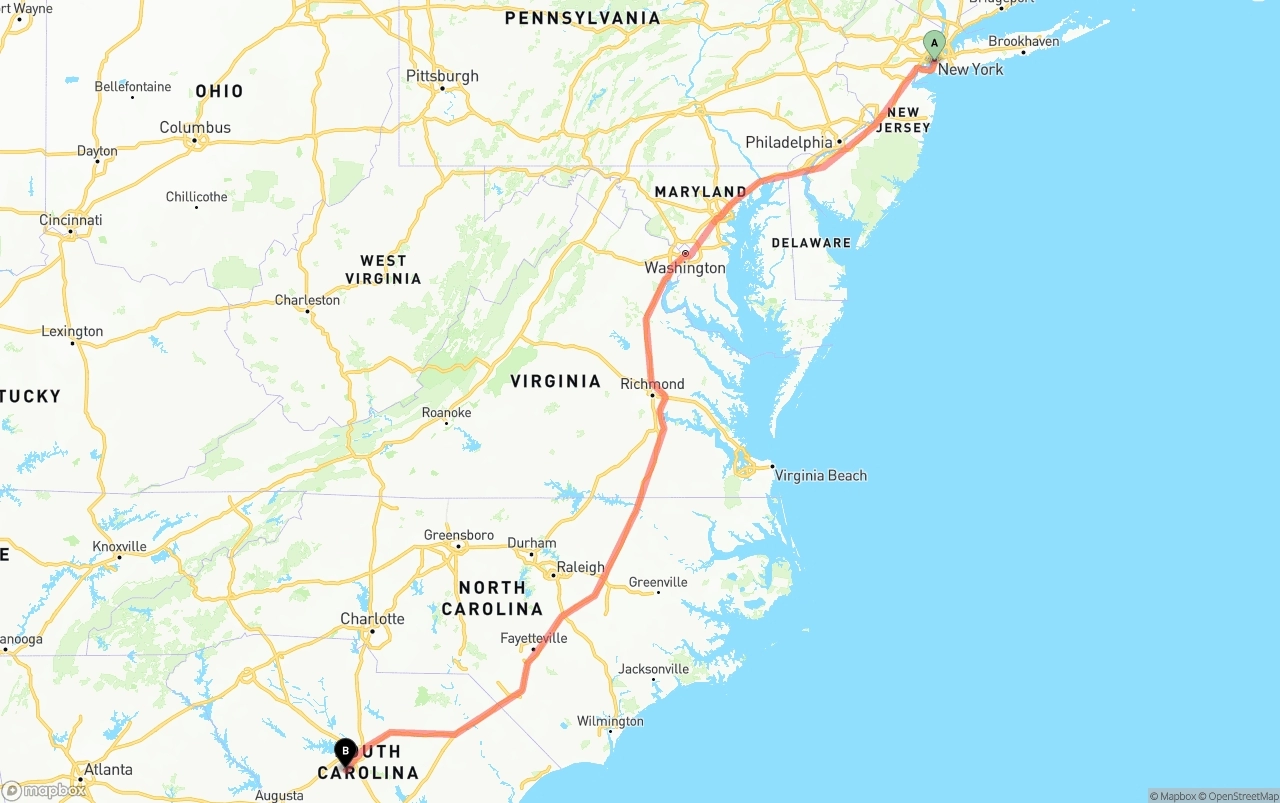 Shipping route from Port of New York to South Carolina