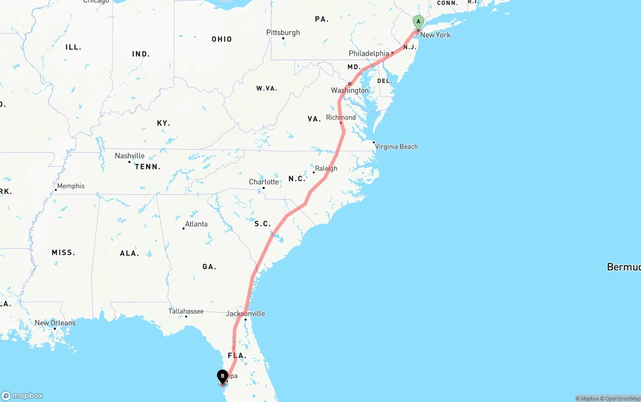 Shipping route from Port of New York to St. Petersburg