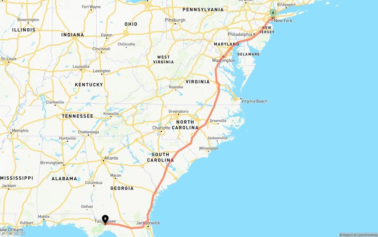 Shipping route from Port of New York to Tallahassee