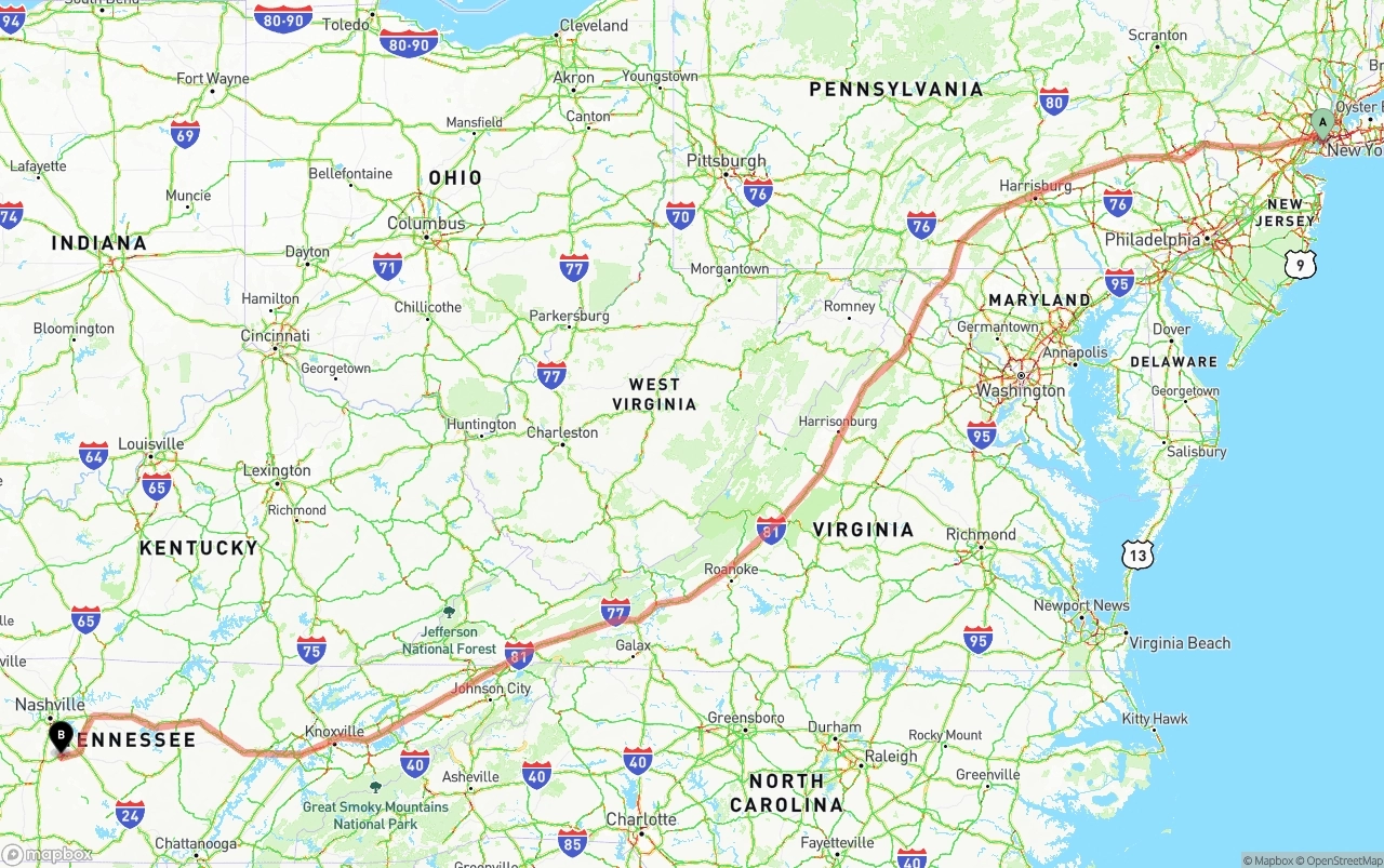 Shipping route from Port of New York to Tennessee