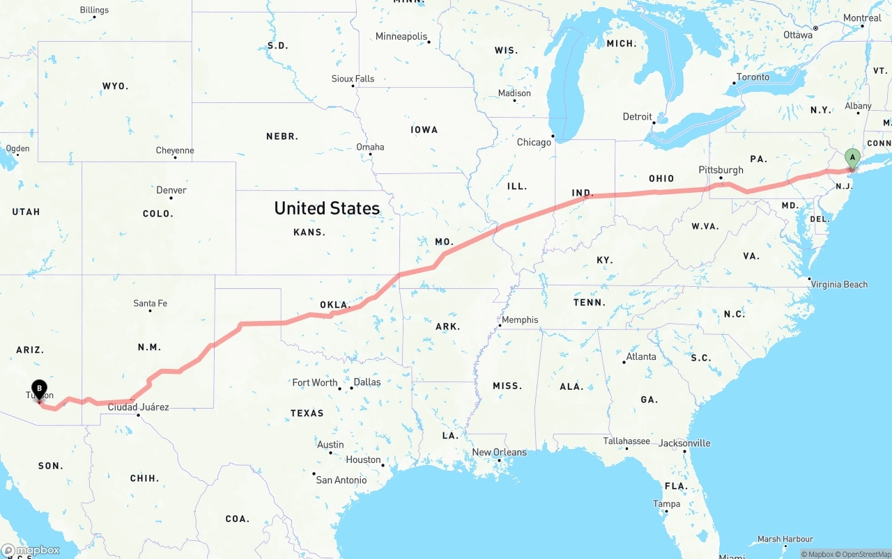 Shipping route from Port of New York to Tucson
