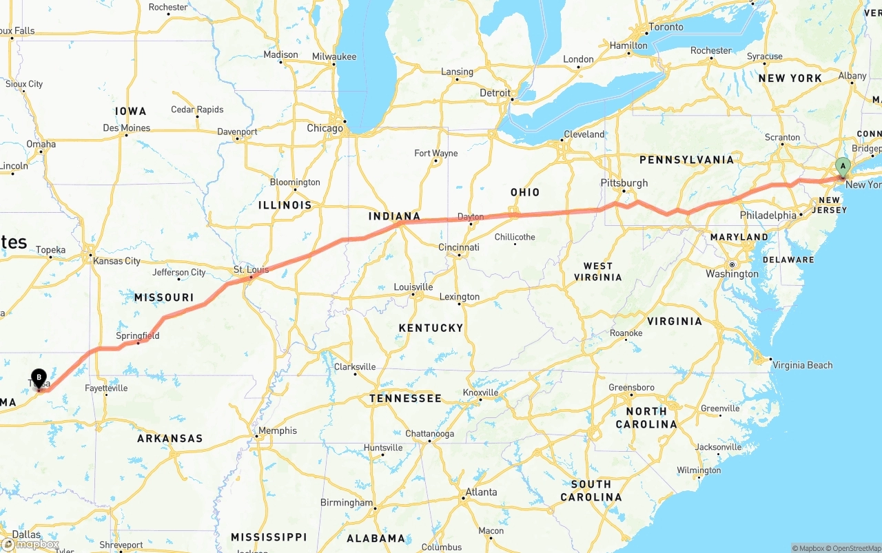 Shipping route from Port of New York to Tulsa
