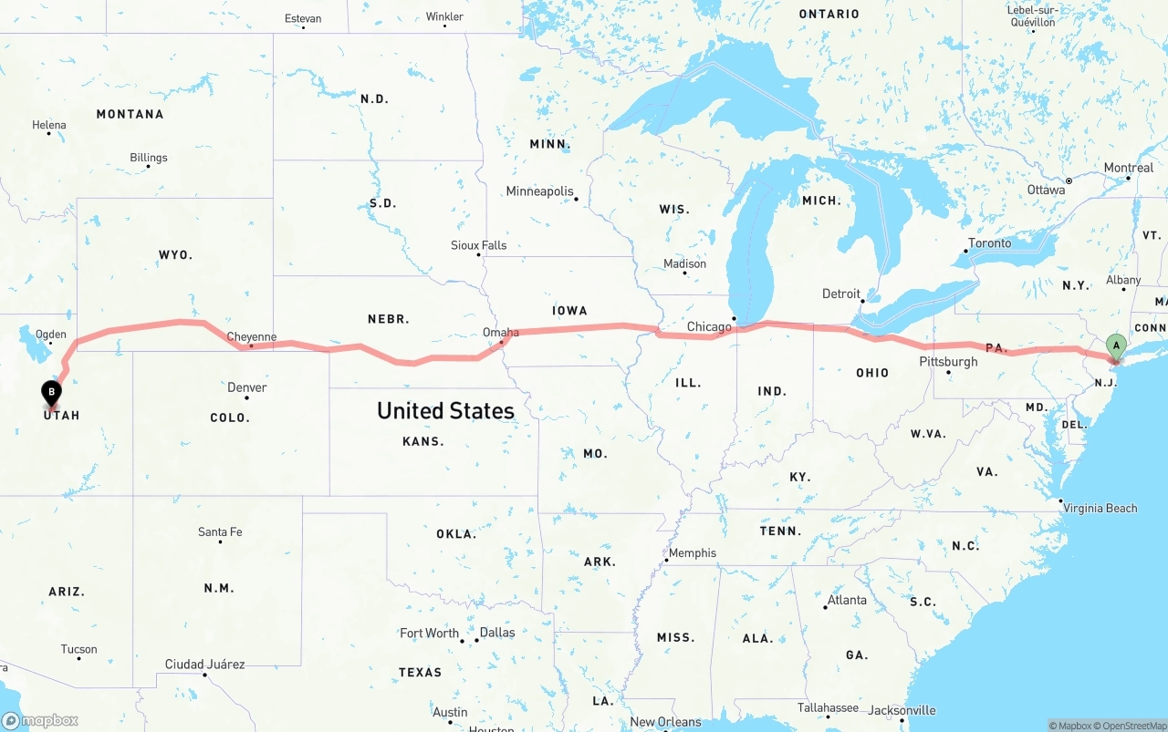 Shipping route from Port of New York to Utah