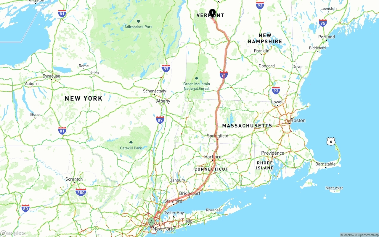 Shipping route from Port of New York to Vermont