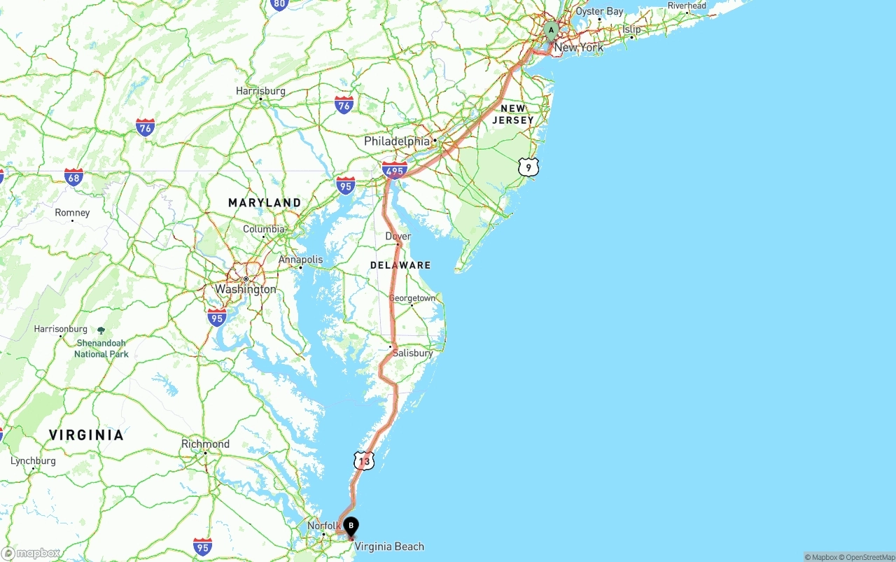 Shipping route from Port of New York to Virginia Beach