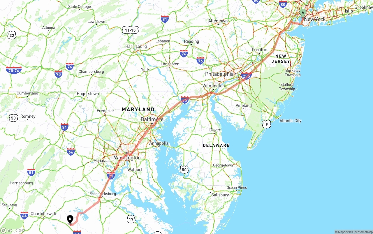Shipping route from Port of New York to Virginia