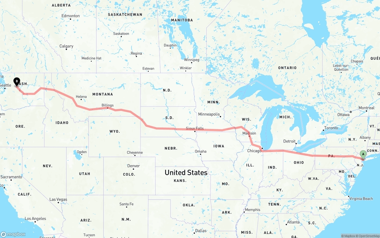 Shipping route from Port of New York to Washington