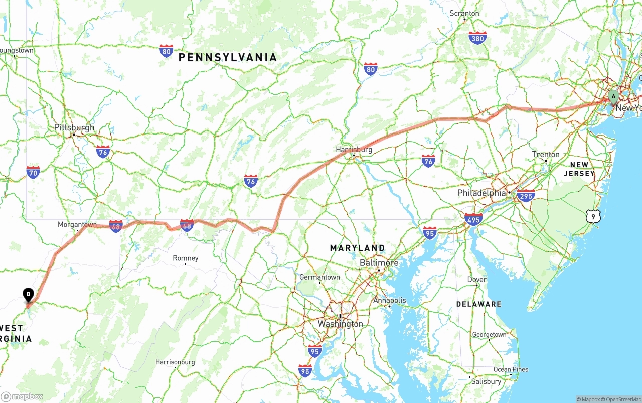 Shipping route from Port of New York to West Virginia