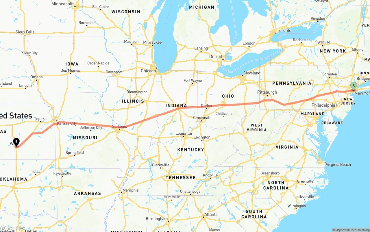 Shipping route from Port of New York to Wichita
