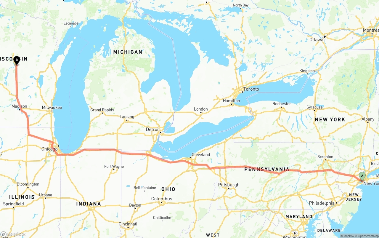Shipping route from Port of New York to Wisconsin
