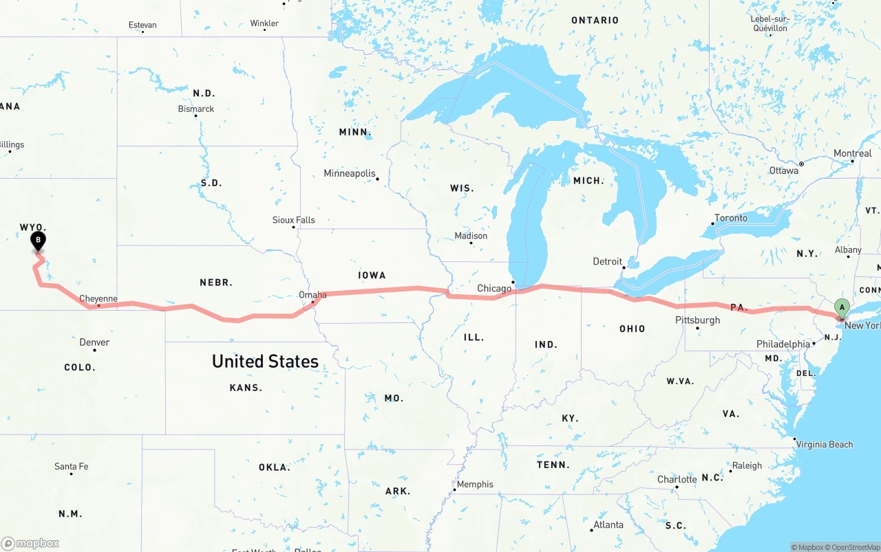 Shipping route from Port of New York to Wyoming