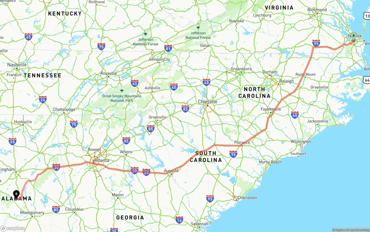 Shipping route from Port of Norfolk to Alabama