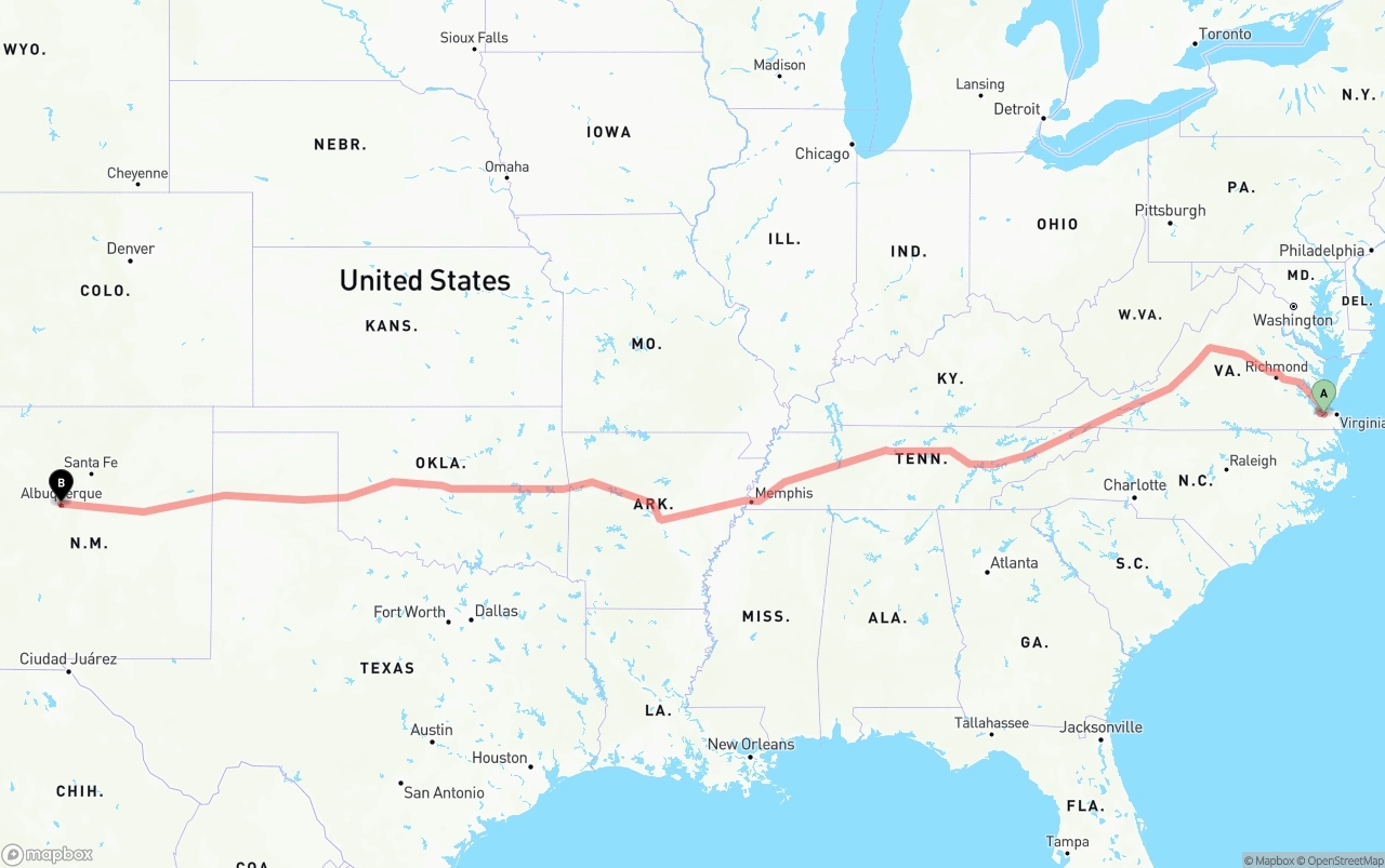 Shipping route from Port of Norfolk to Albuquerque