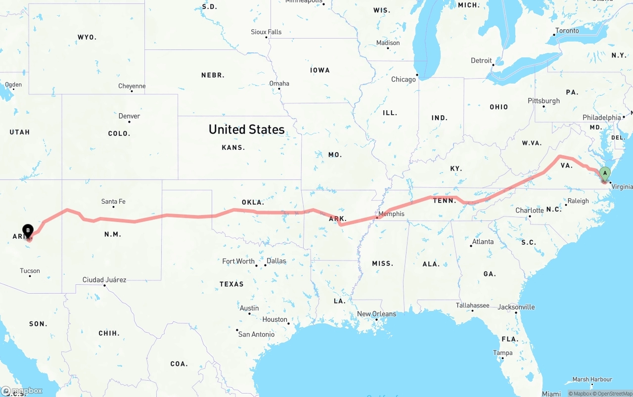 Shipping route from Port of Norfolk to Arizona