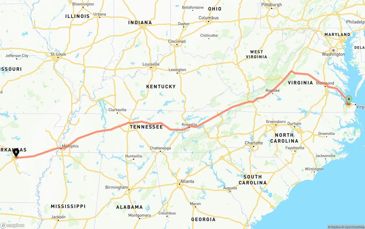 Shipping route from Port of Norfolk to Arkansas