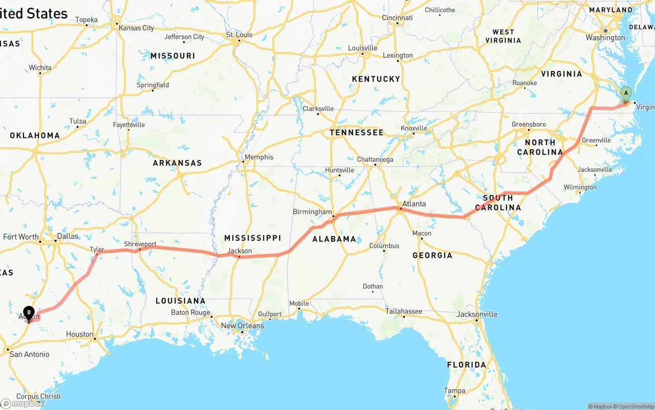Shipping route from Port of Norfolk to Austin