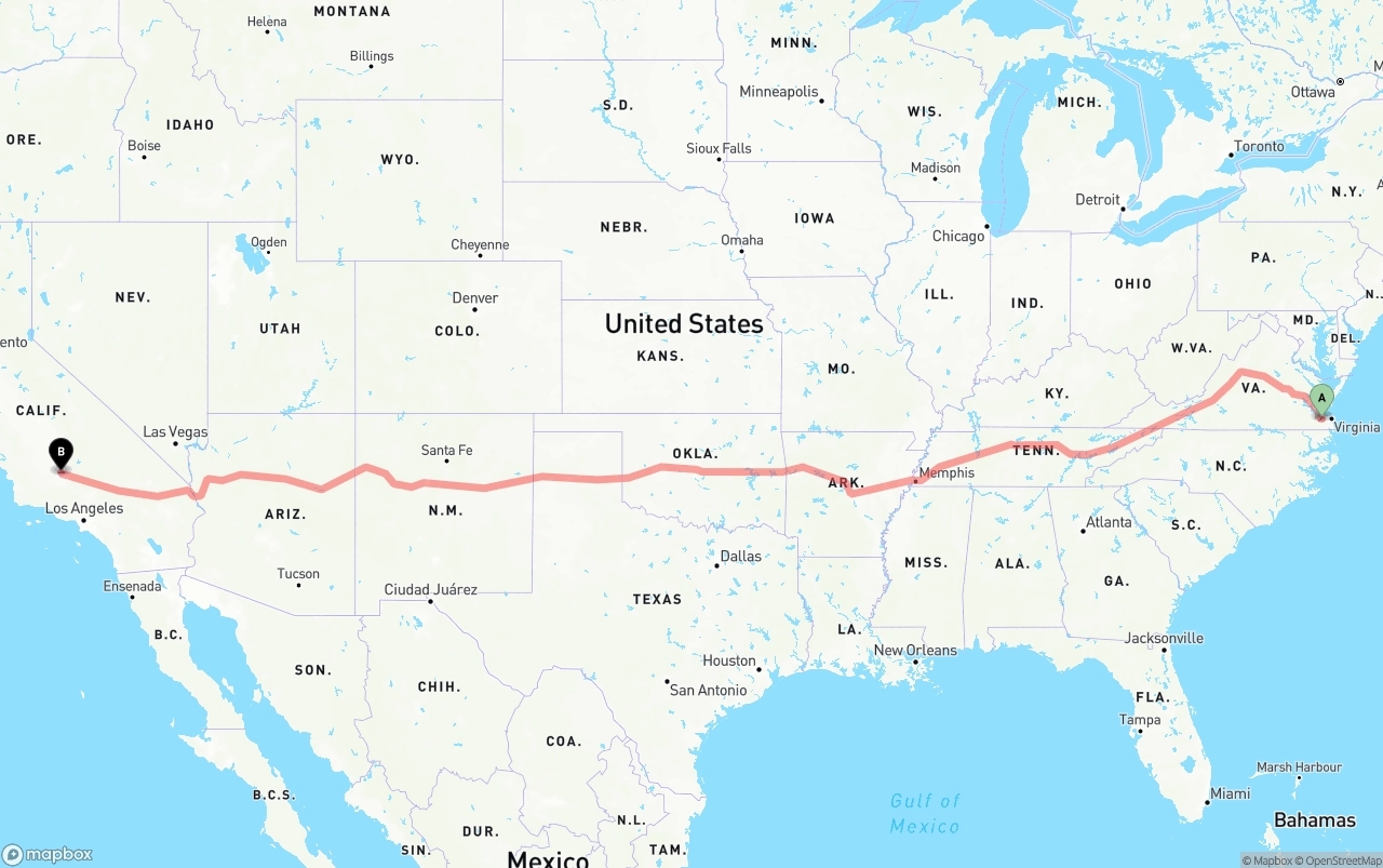 Shipping route from Port of Norfolk to Bakersfield