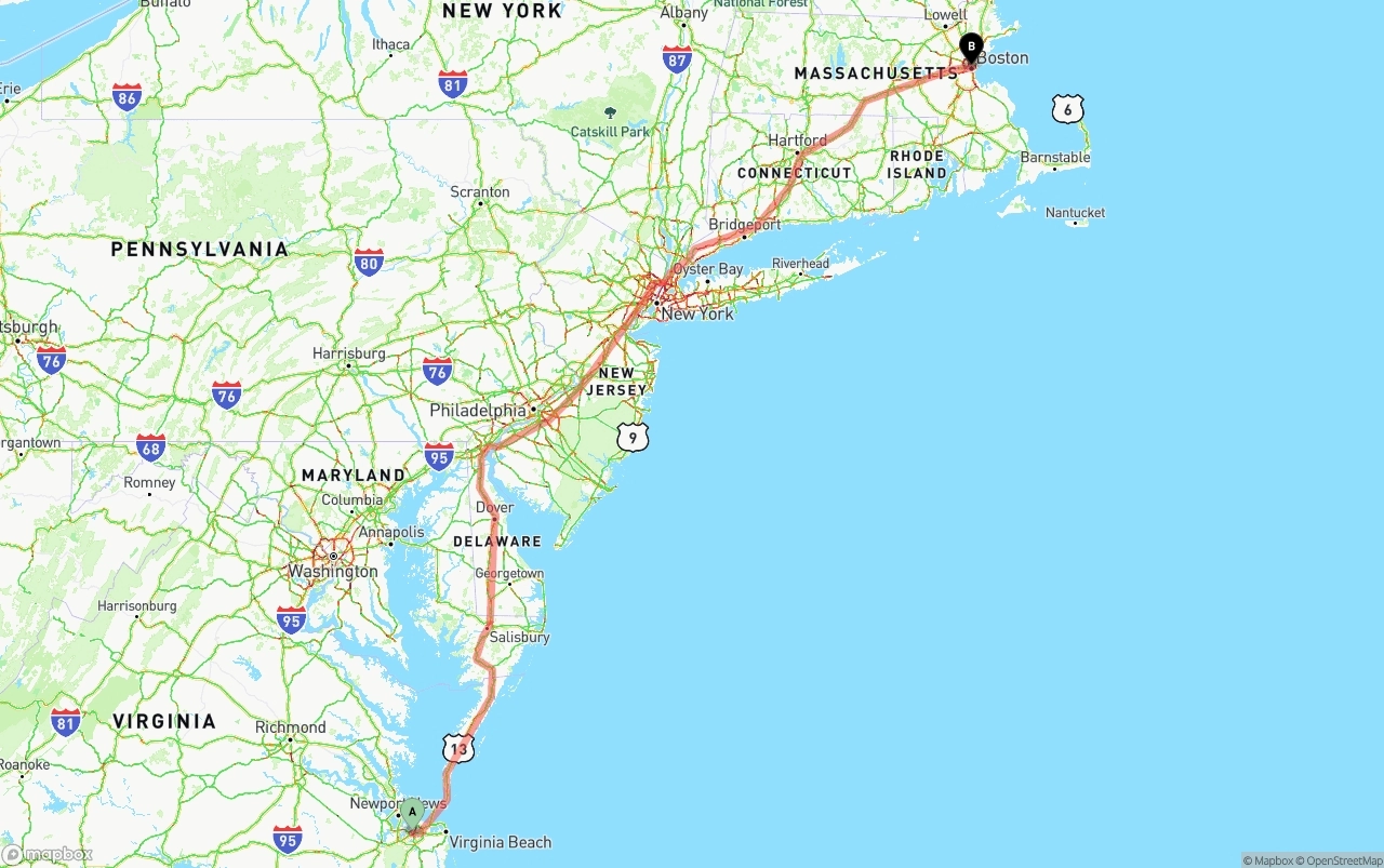 Shipping route from Port of Norfolk to Boston