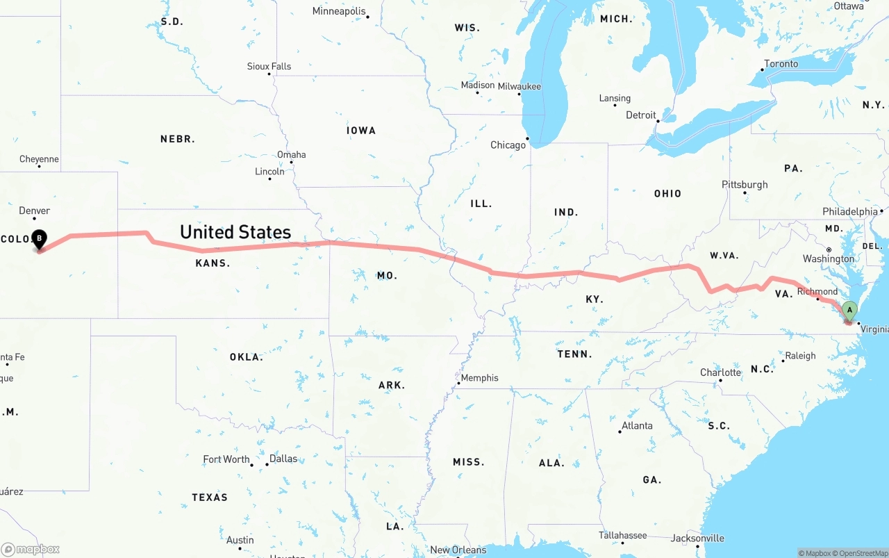 Shipping route from Port of Norfolk to Colorado Springs