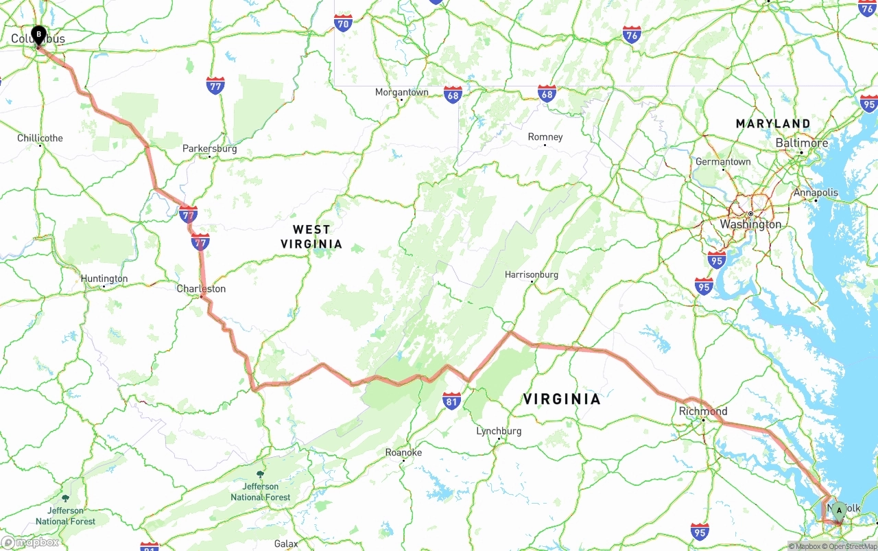 Shipping route from Port of Norfolk to Columbus