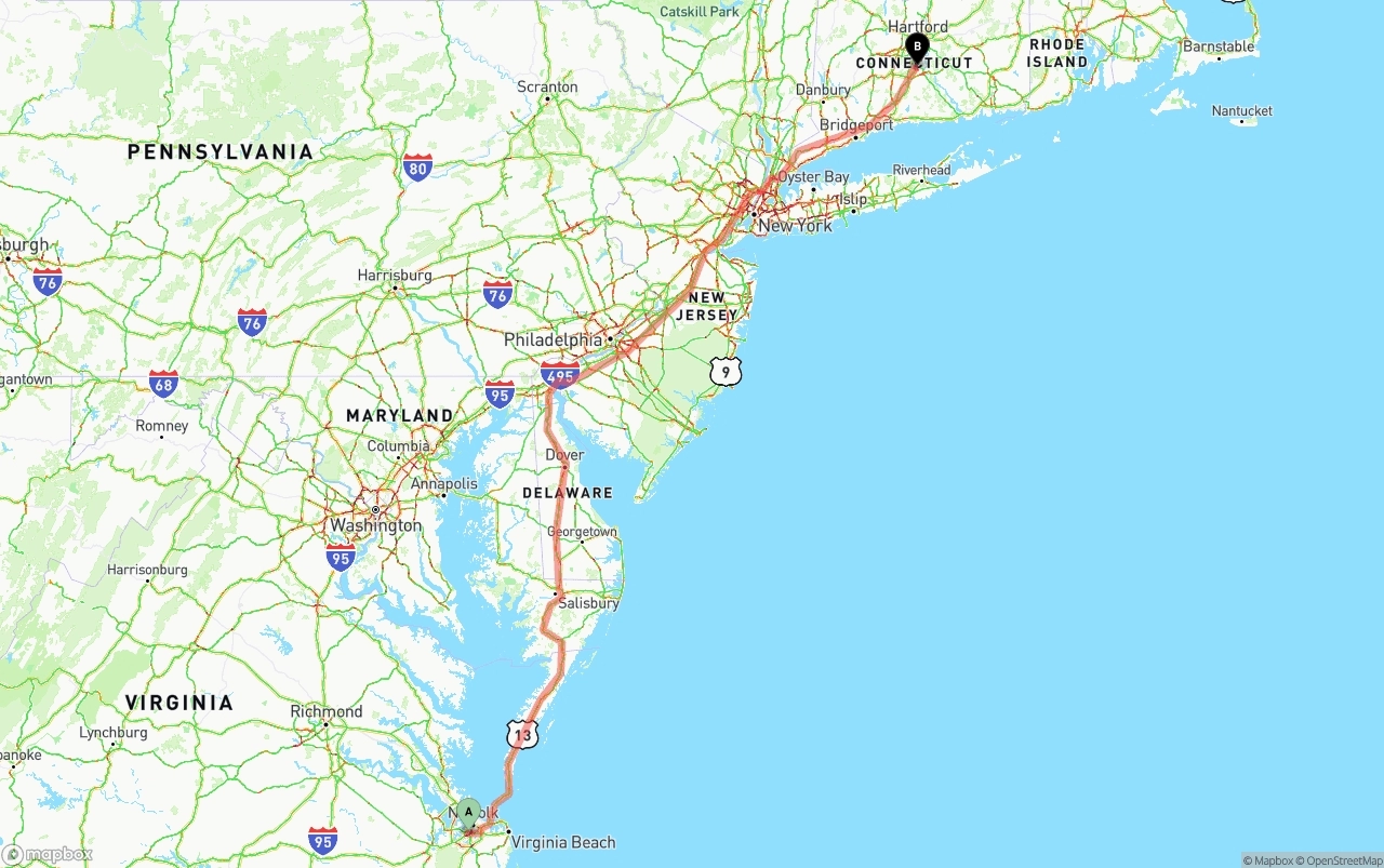 Shipping route from Port of Norfolk to Connecticut
