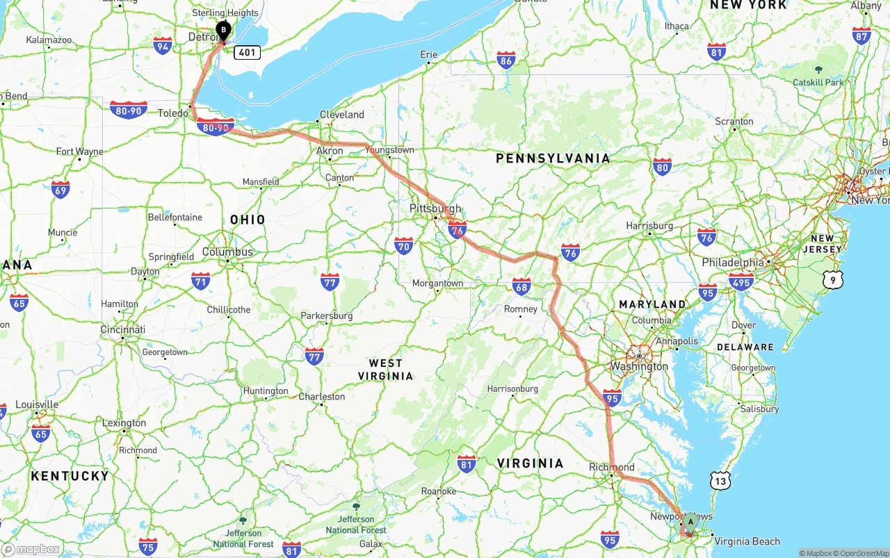 Shipping route from Port of Norfolk to Detroit