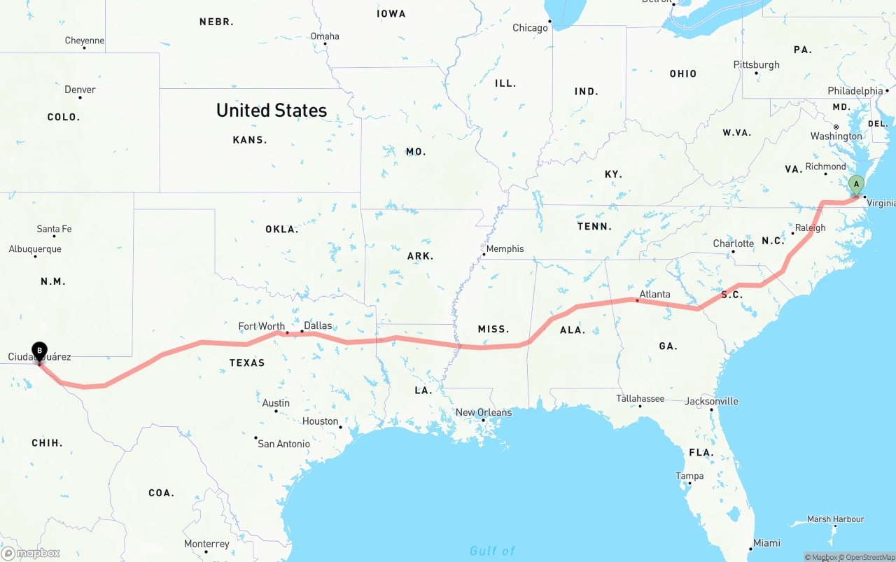 Shipping route from Port of Norfolk to El Paso