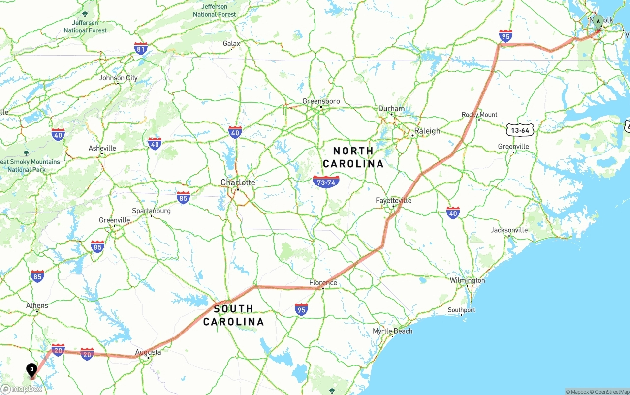 Shipping route from Port of Norfolk to Georgia