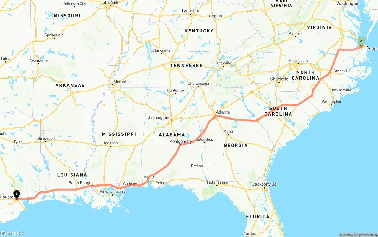 Shipping route from Port of Norfolk to Houston