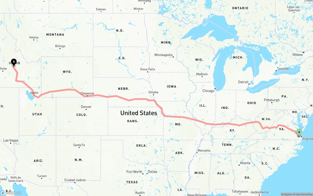 Shipping route from Port of Norfolk to Idaho