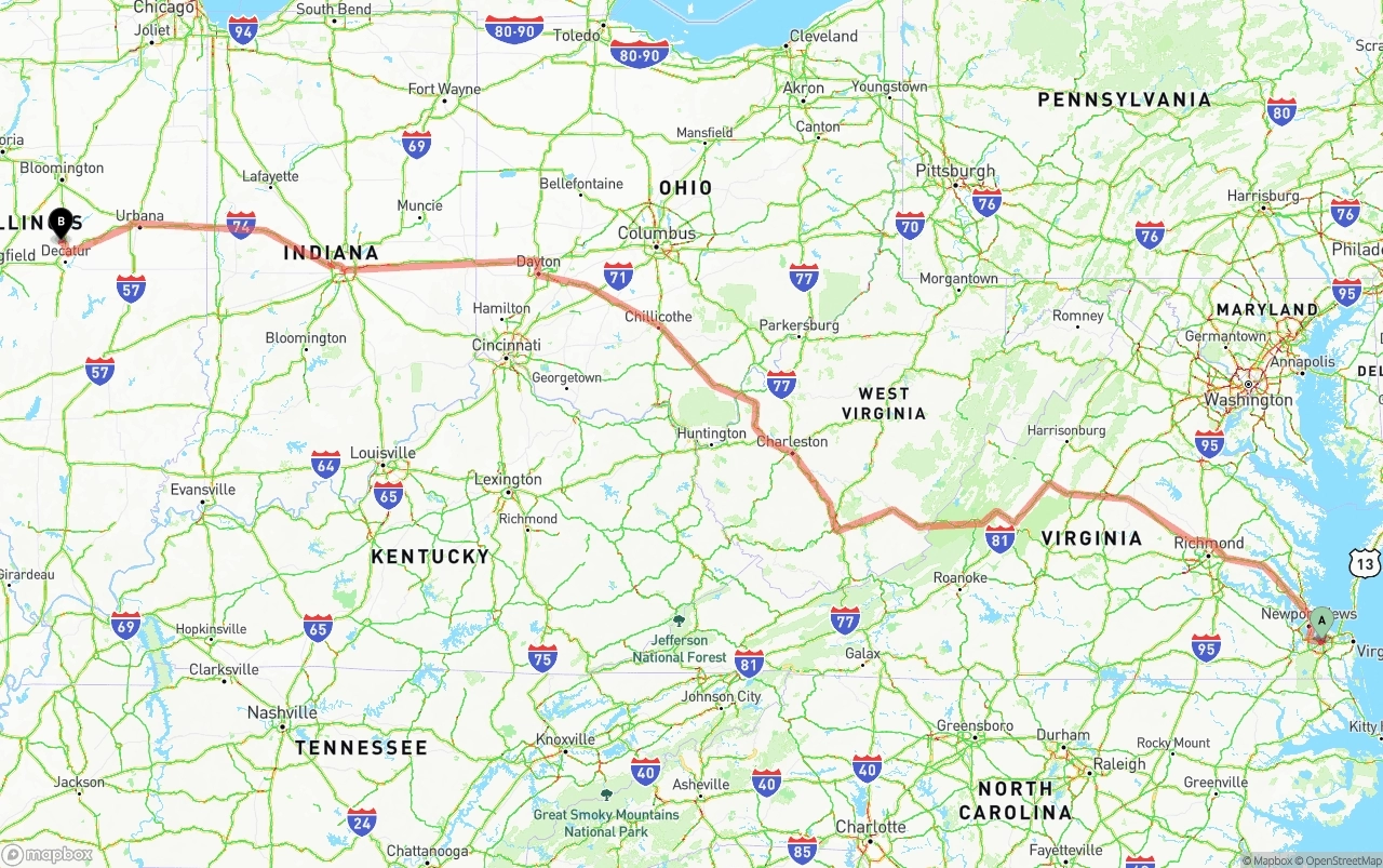 Shipping route from Port of Norfolk to Illinois