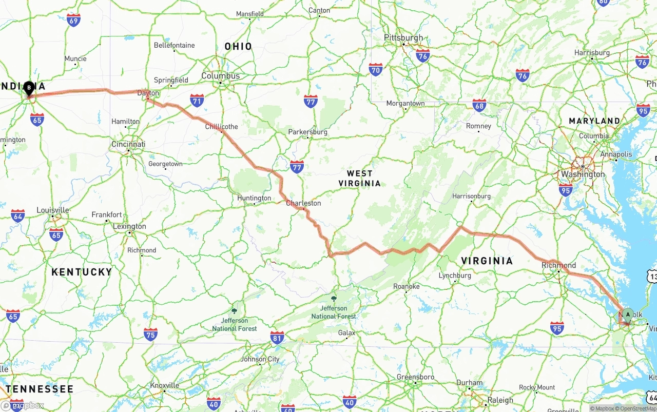 Shipping route from Port of Norfolk to Indianapolis