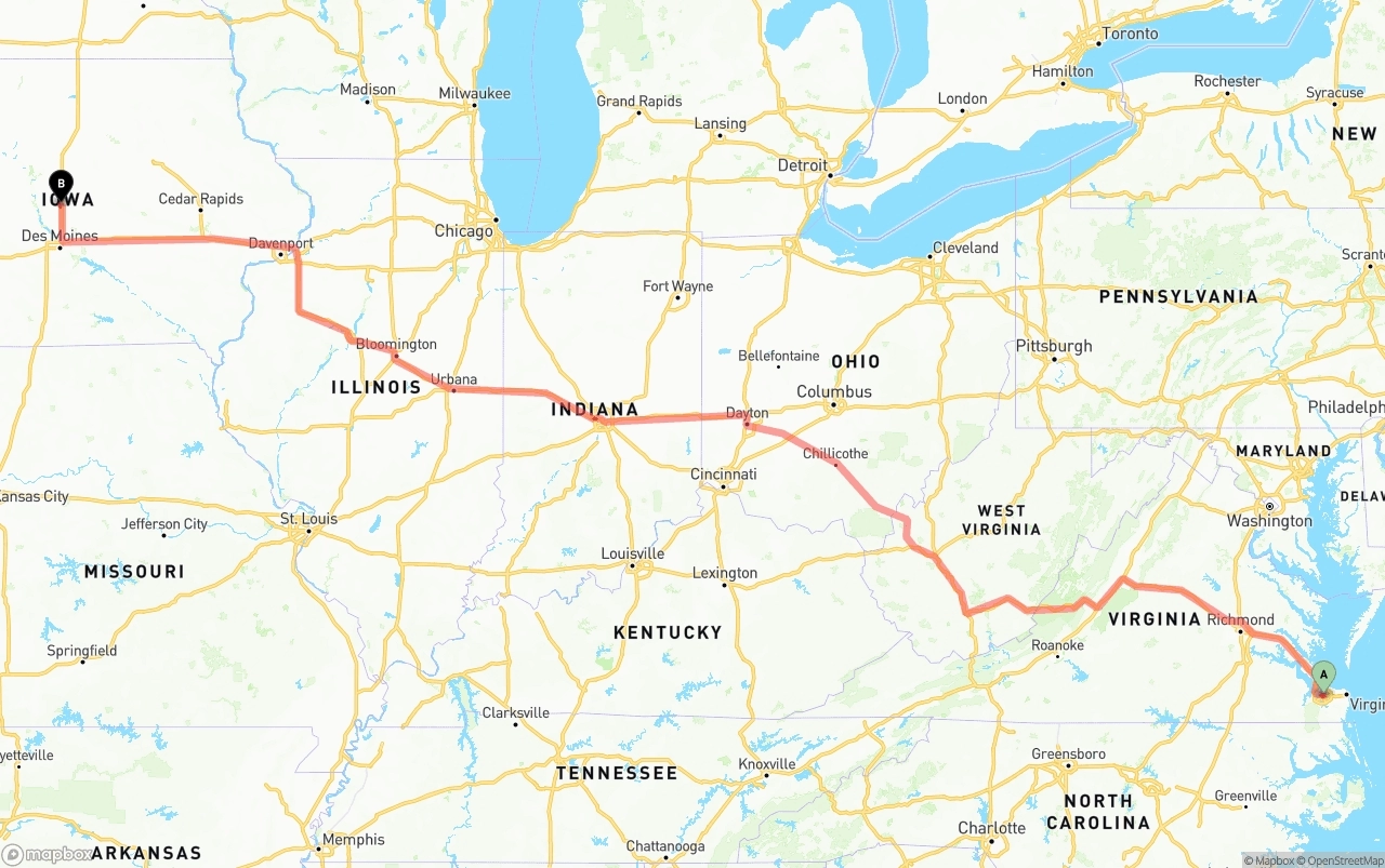 Shipping route from Port of Norfolk to Iowa