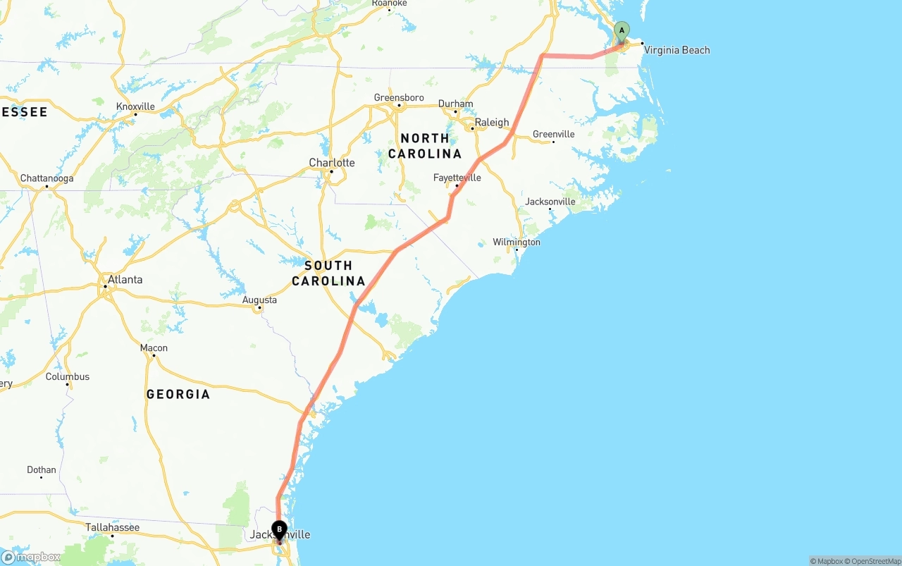 Shipping route from Port of Norfolk to Jacksonville